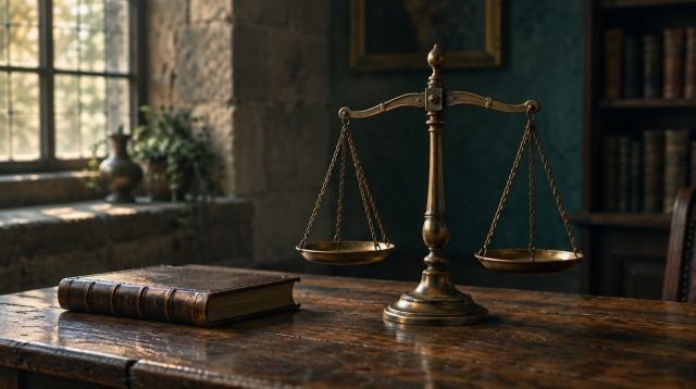 Her Duyduğunu Söyleme – ahşap masada eski terazi ve kapalı kitap