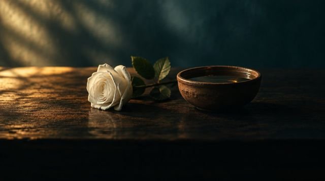 Ahlak kategorisi – beyaz gül ve su kâsesi