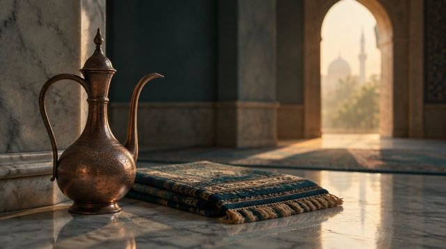 Namaz ve Abdest – bakır ibrik ve katlanmış seccade