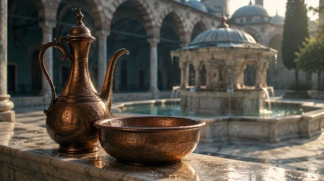 Namazın Şartları – mermer üzerinde bakır ibrik ve abdest leğeni