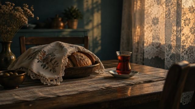 Oruç Adabı – örtülü ekmek ve çay bardağıyla sade sofra