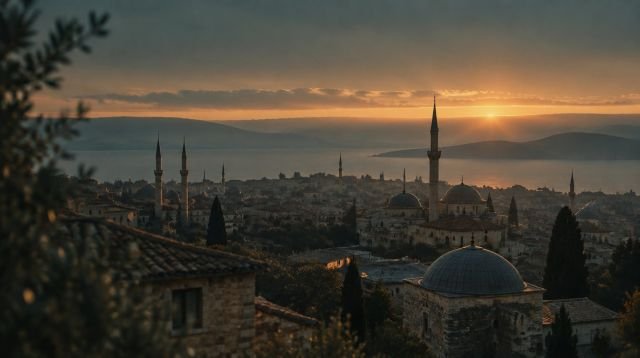 Orucun Farz Oluşu – minareli şehir üzerinde şafağın beyaz ipliği