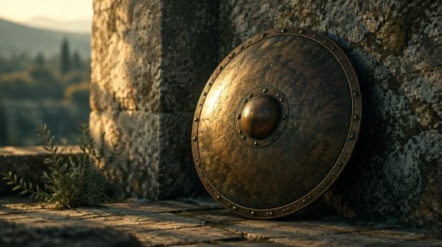 Oruç Kalkandır – taş duvara yaslanmış bronz kalkan