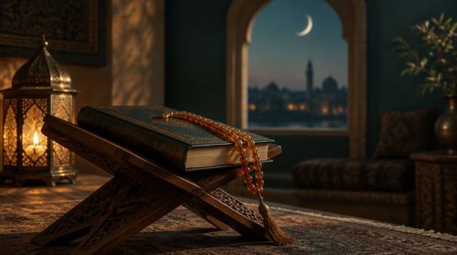 Ramazan, Kur'an ve Oruç – rahlede kitap, pencerede hilal