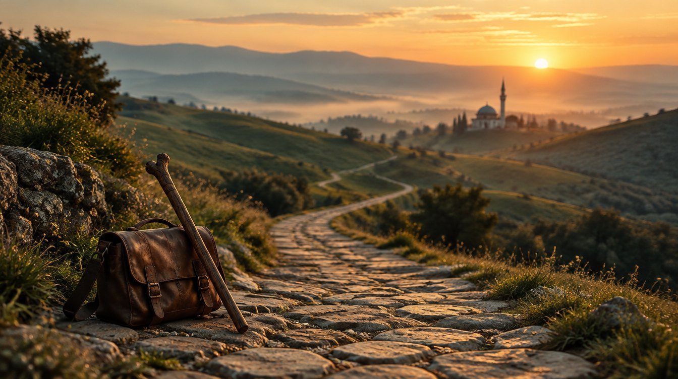 Şafakta tepeler arasında uzanan taş yol ve ufukta cami silüeti