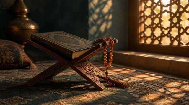 Vacib Oruçlar – rahle üzerinde kapalı kitap ve tesbih